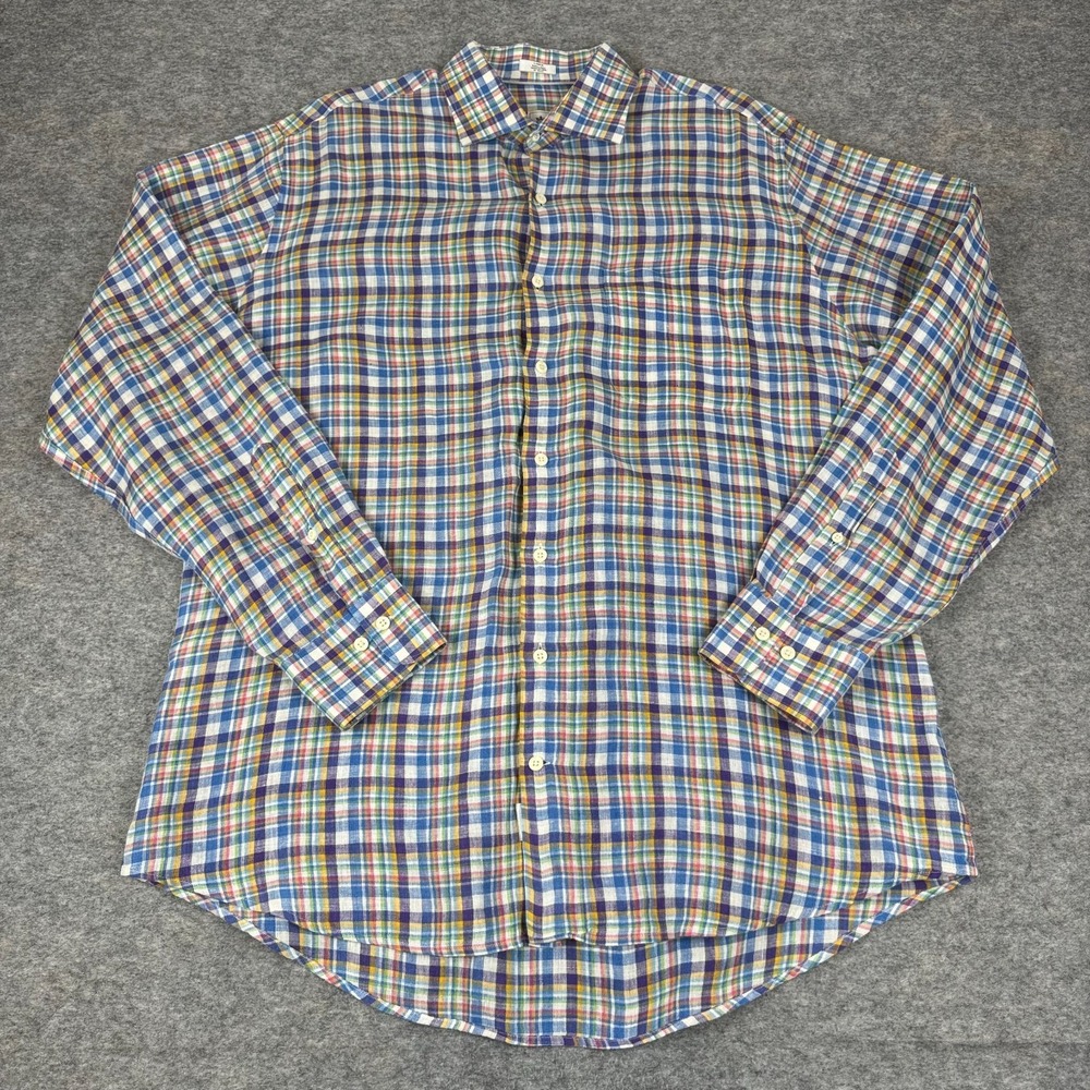 Peter Millar Button Up Shirt Long Sleeve Linen Colorful Check Mens Large L